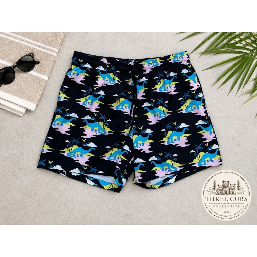 Cabana by Crown & Ivy Men's Dinosaur Swim Trunks Size Large Navy Liner Cut Out
